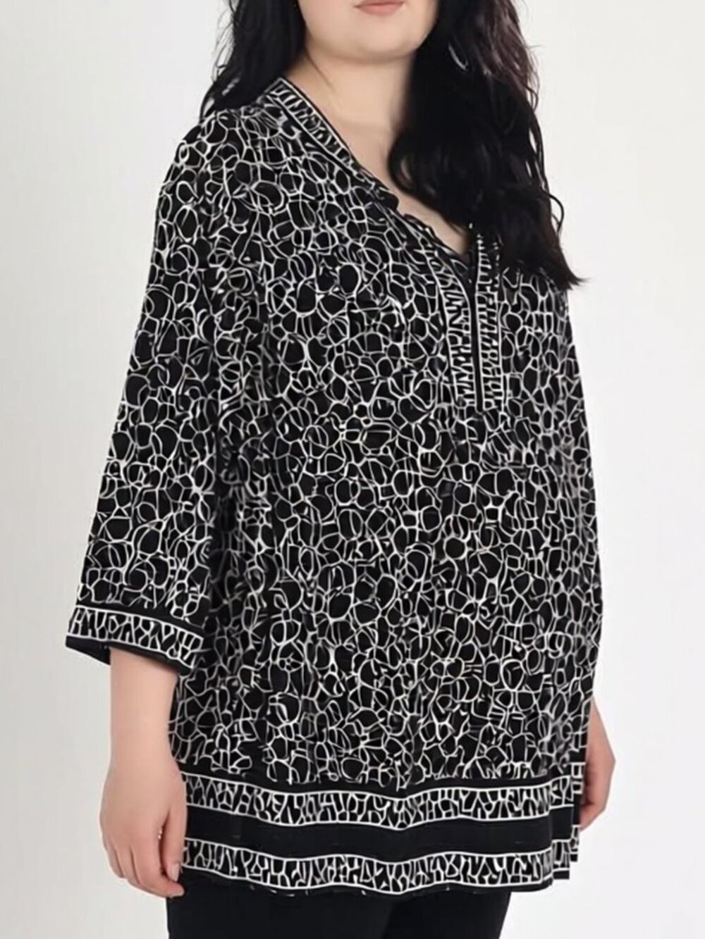 Liz Lange Maternity XL Split Neck Graphic Print Tunic Top, Black Gray NWOT